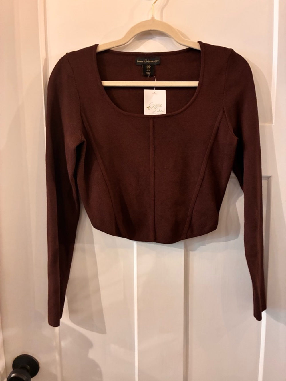 House of Harlow 1960 Brown Scoop Neck Long Sleeve Crop Top